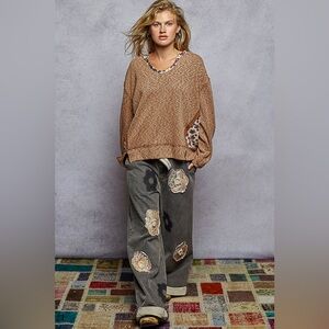 POL Balloon Sleeve Oversized Ribbed Top with Floral Pattern Contrast 🆕